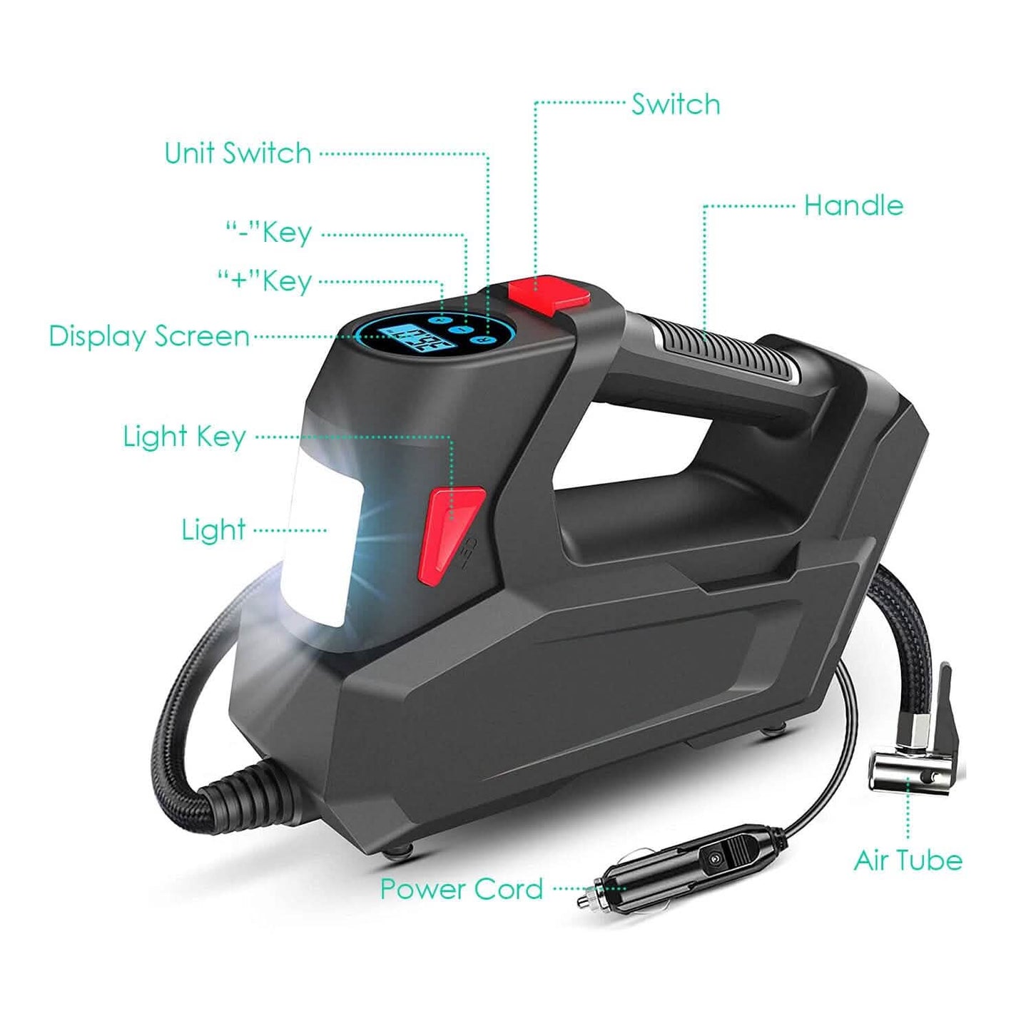 Tragbarer Reifenfüller 120 PSI Maximal 90W Reifenpumpe mit Digitalanzeige LED