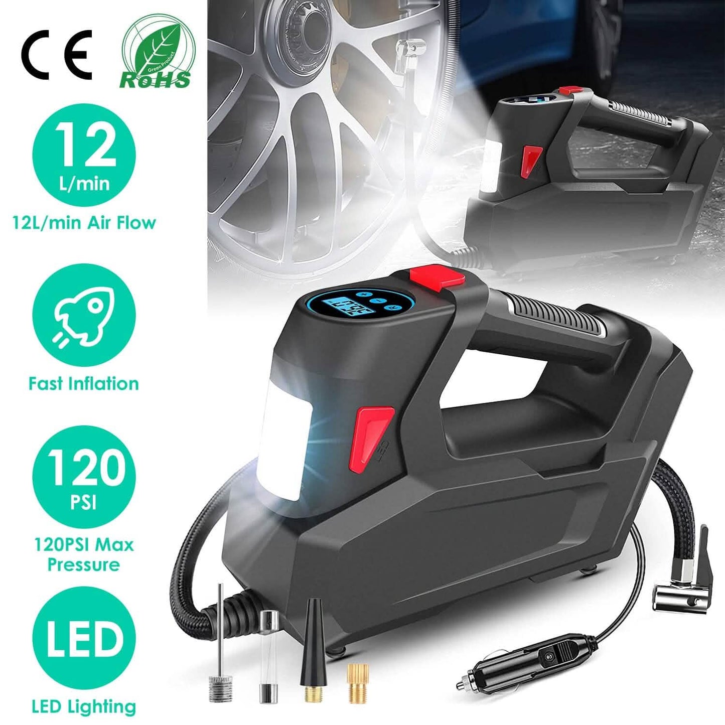 Tragbarer Reifenfüller 120 PSI Maximal 90W Reifenpumpe mit Digitalanzeige LED