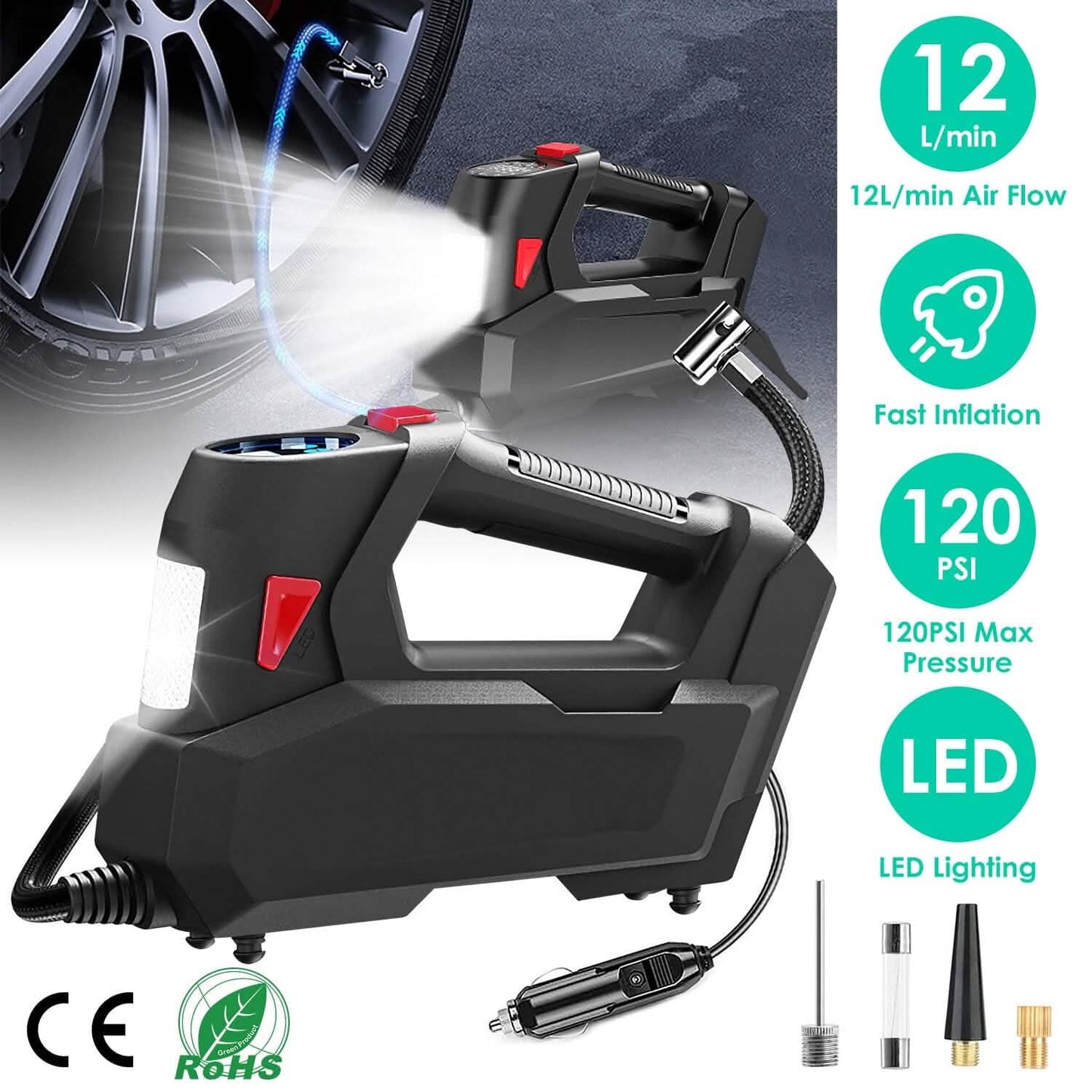 Tragbarer Reifenfüller 120 PSI Maximal 90W Reifenpumpe mit Digitalanzeige LED
