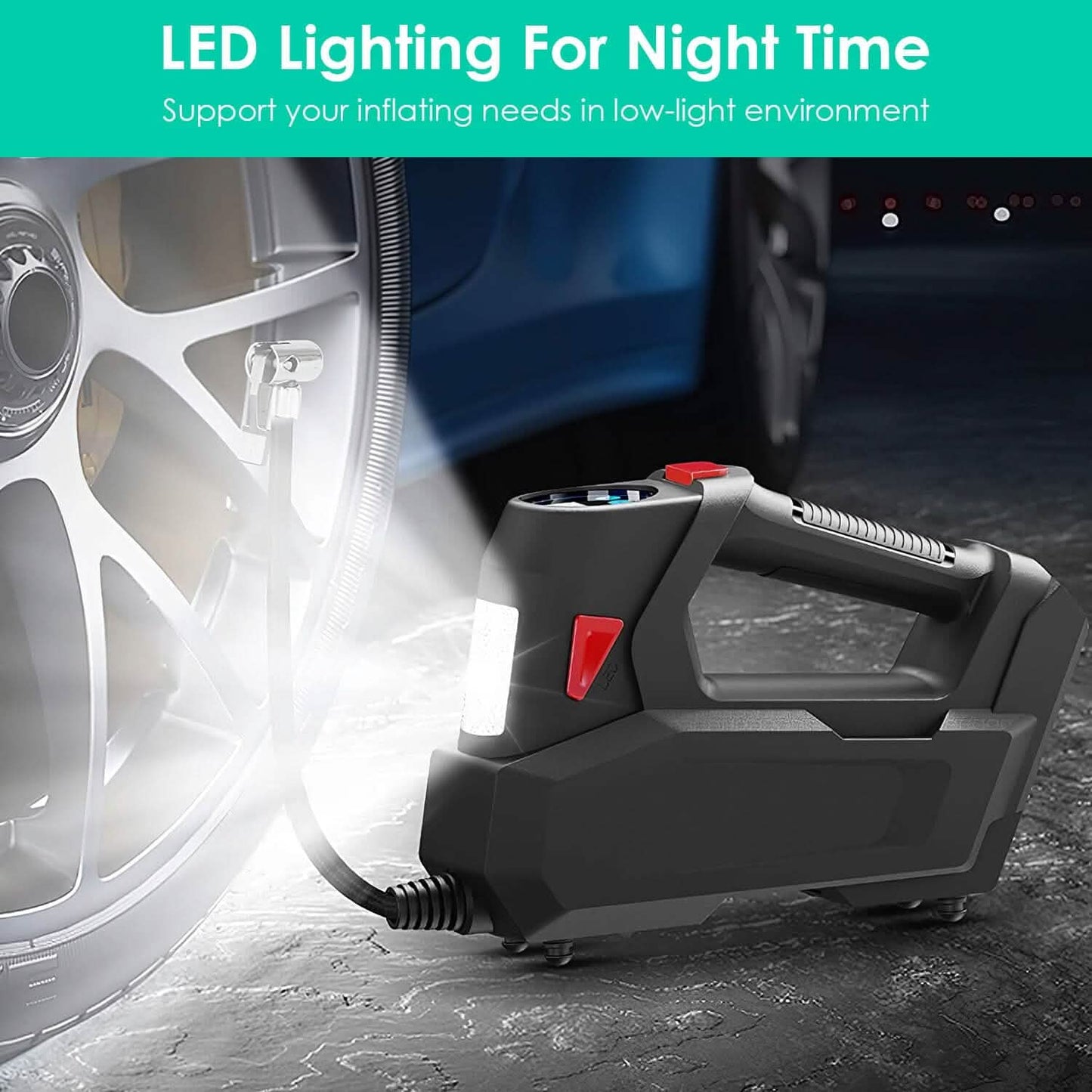 Tragbarer Reifenfüller 120 PSI Maximal 90W Reifenpumpe mit Digitalanzeige LED