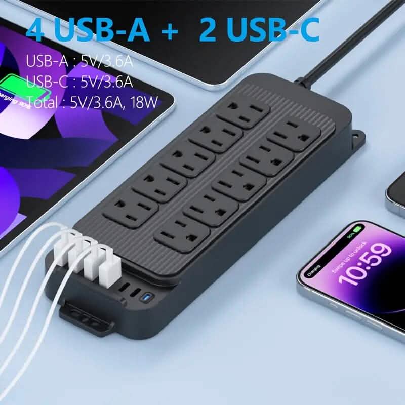 Steckdosenleiste mit 10 Steckdosen, 6 USB-Anschlüssen und 2 USB-C-Anschlüssen