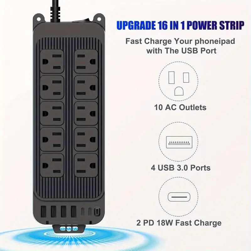 Steckdosenleiste mit 10 Steckdosen, 6 USB-Anschlüssen und 2 USB-C-Anschlüssen