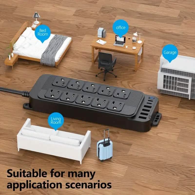 Steckdosenleiste mit 10 Steckdosen, 6 USB-Anschlüssen und 2 USB-C-Anschlüssen