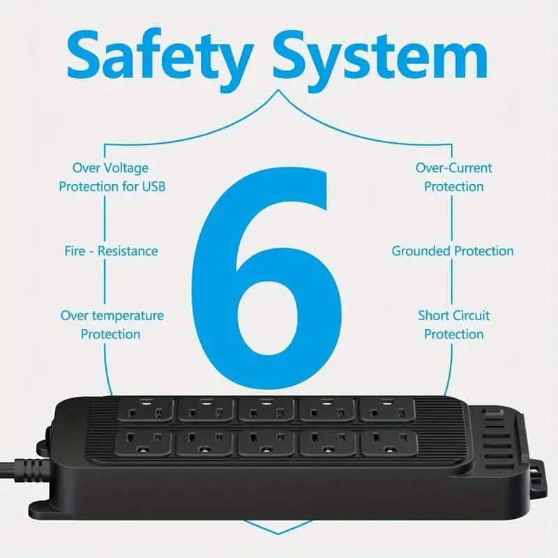 Steckdosenleiste mit 10 Steckdosen, 6 USB-Anschlüssen und 2 USB-C-Anschlüssen