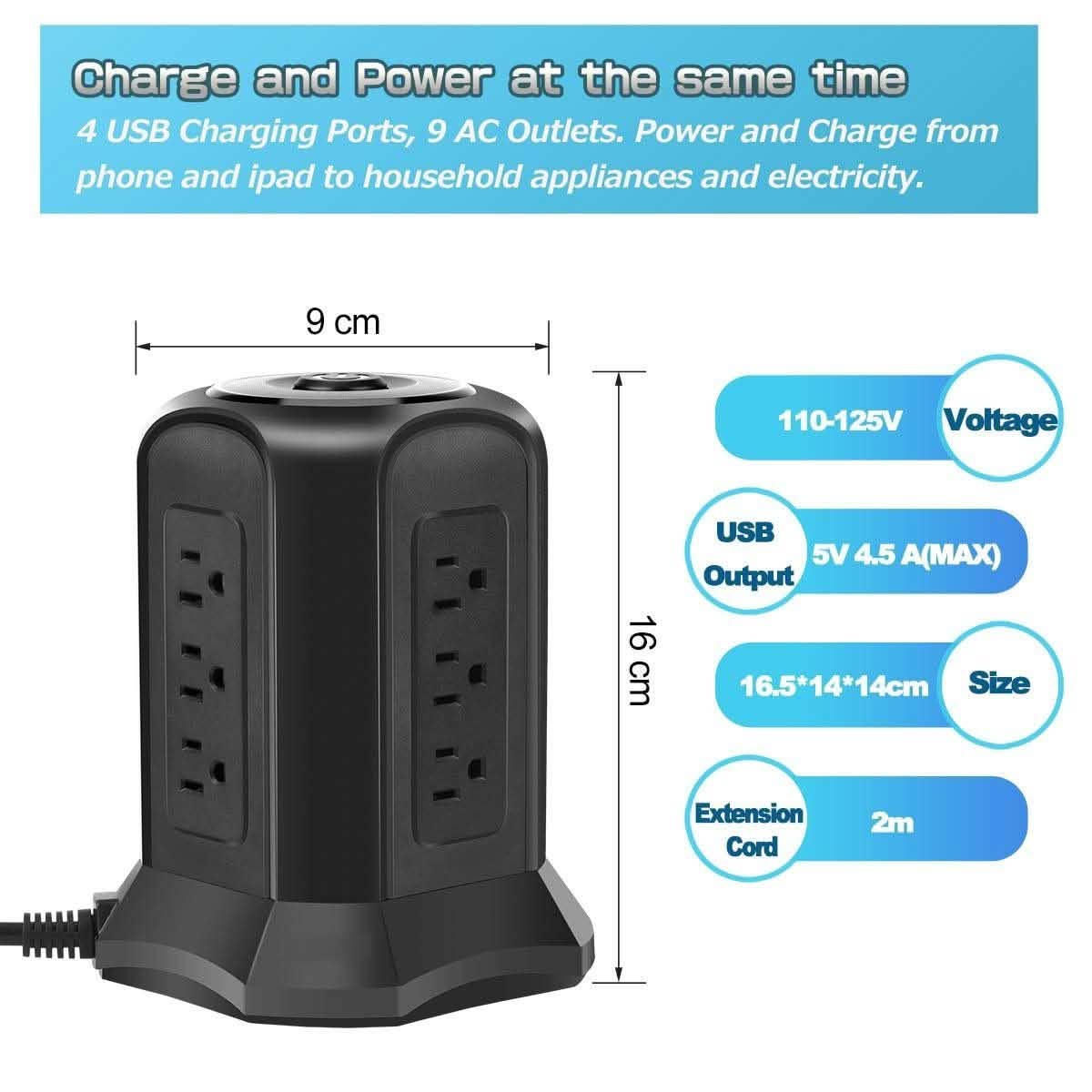 Steckdosenleisten-Turm mit 9 AC-Steckdosen und 4 USB-Ladeanschlüssen, schaltbar