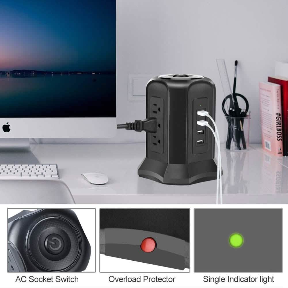 Steckdosenleisten-Turm mit 9 AC-Steckdosen und 4 USB-Ladeanschlüssen, schaltbar