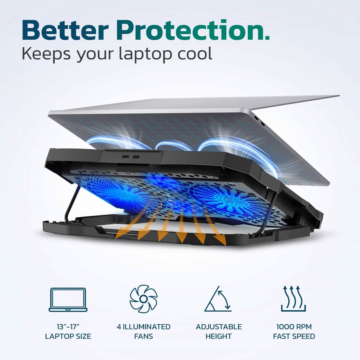 Purely Laptop-Kühlpad, 6-fach höhenverstellbarer Laptopständer, 4 Lüfter: 3 Lüftermodi + 6 Geschwindigkeiten, LED-Anzeige, 2 USB-Anschlüsse