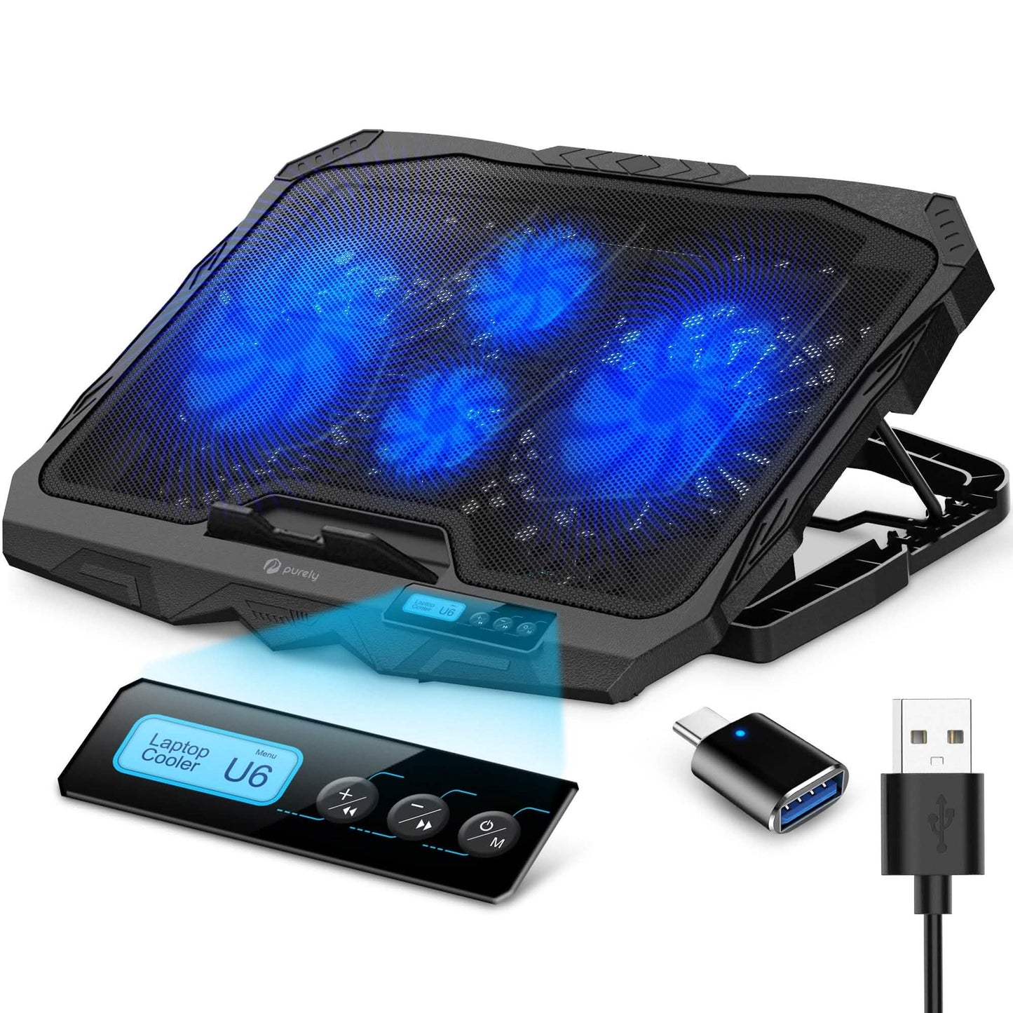 Purely Laptop-Kühlpad, 6-fach höhenverstellbarer Laptopständer, 4 Lüfter: 3 Lüftermodi + 6 Geschwindigkeiten, LED-Anzeige, 2 USB-Anschlüsse