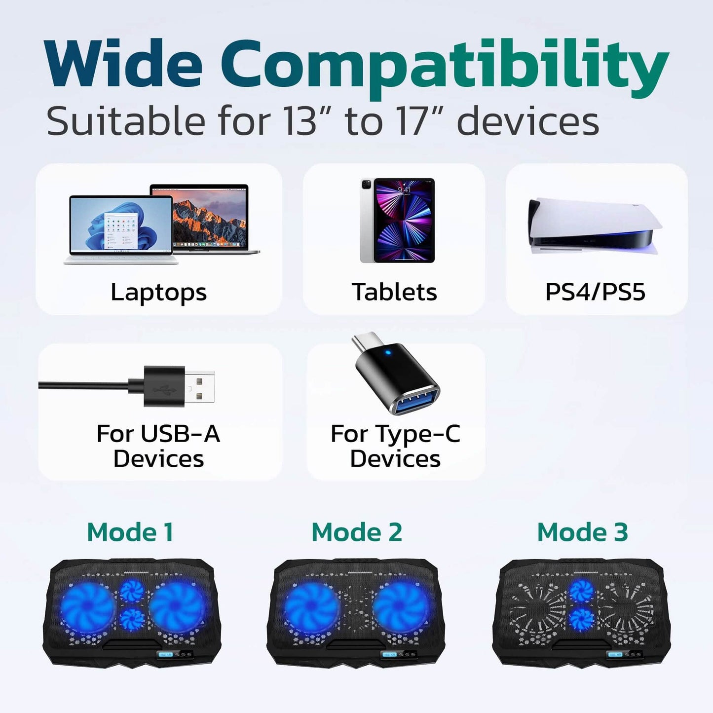 Purely Laptop-Kühlpad, 6-fach höhenverstellbarer Laptopständer, 4 Lüfter: 3 Lüftermodi + 6 Geschwindigkeiten, LED-Anzeige, 2 USB-Anschlüsse