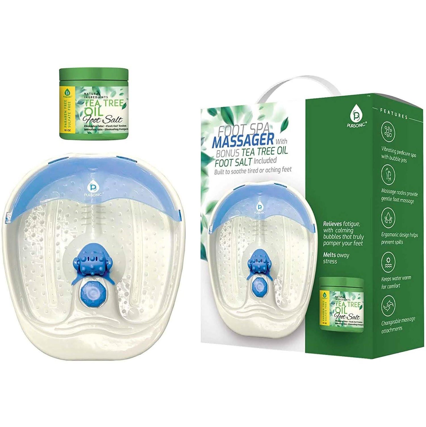 Pursonic Fußmassagebad mit Vibrationsblasen & Teebaumöl Fußsalzpeeling mit Bittersalz