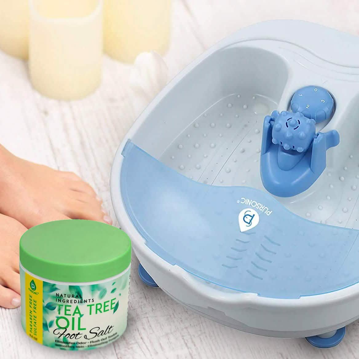 Pursonic Fußmassagebad mit Vibrationsblasen & Teebaumöl Fußsalzpeeling mit Bittersalz