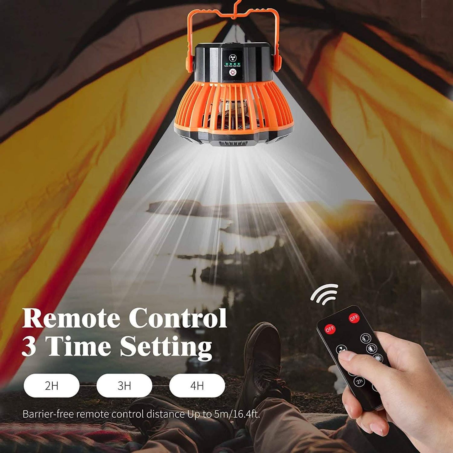 Wiederaufladbarer Camping-Ventilator mit LED-Laterne und IR-Fernbedienung