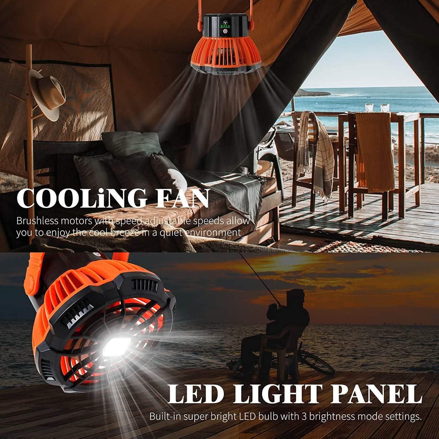 Wiederaufladbarer Camping-Ventilator mit LED-Laterne und IR-Fernbedienung