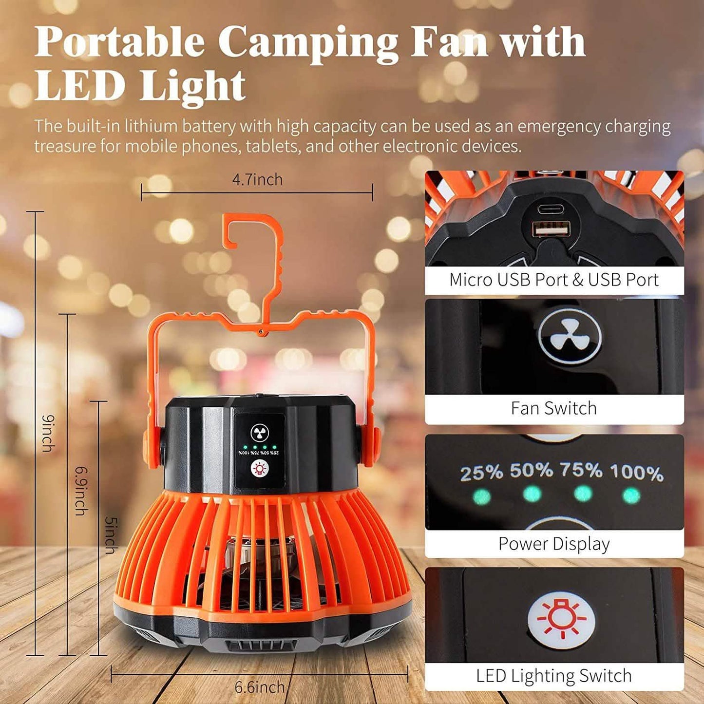 Wiederaufladbarer Camping-Ventilator mit LED-Laterne und IR-Fernbedienung