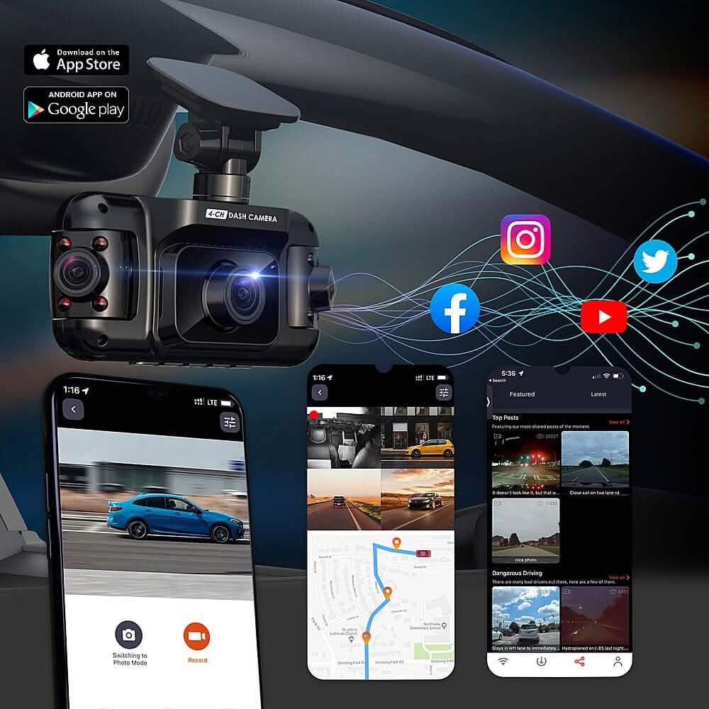 Rexing - R4 4-Kanal-Dashcam mit 1080p-Rundumbild, Wi-Fi und GPS - Schwarz (Generalüberholt)