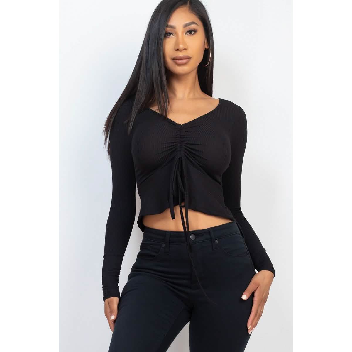 Geripptes Langarm-Peplum-Top mit Kordelzug vorne