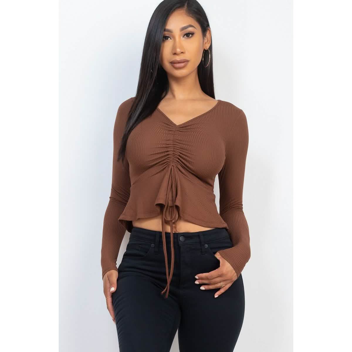 Geripptes Langarm-Peplum-Top mit Kordelzug vorne