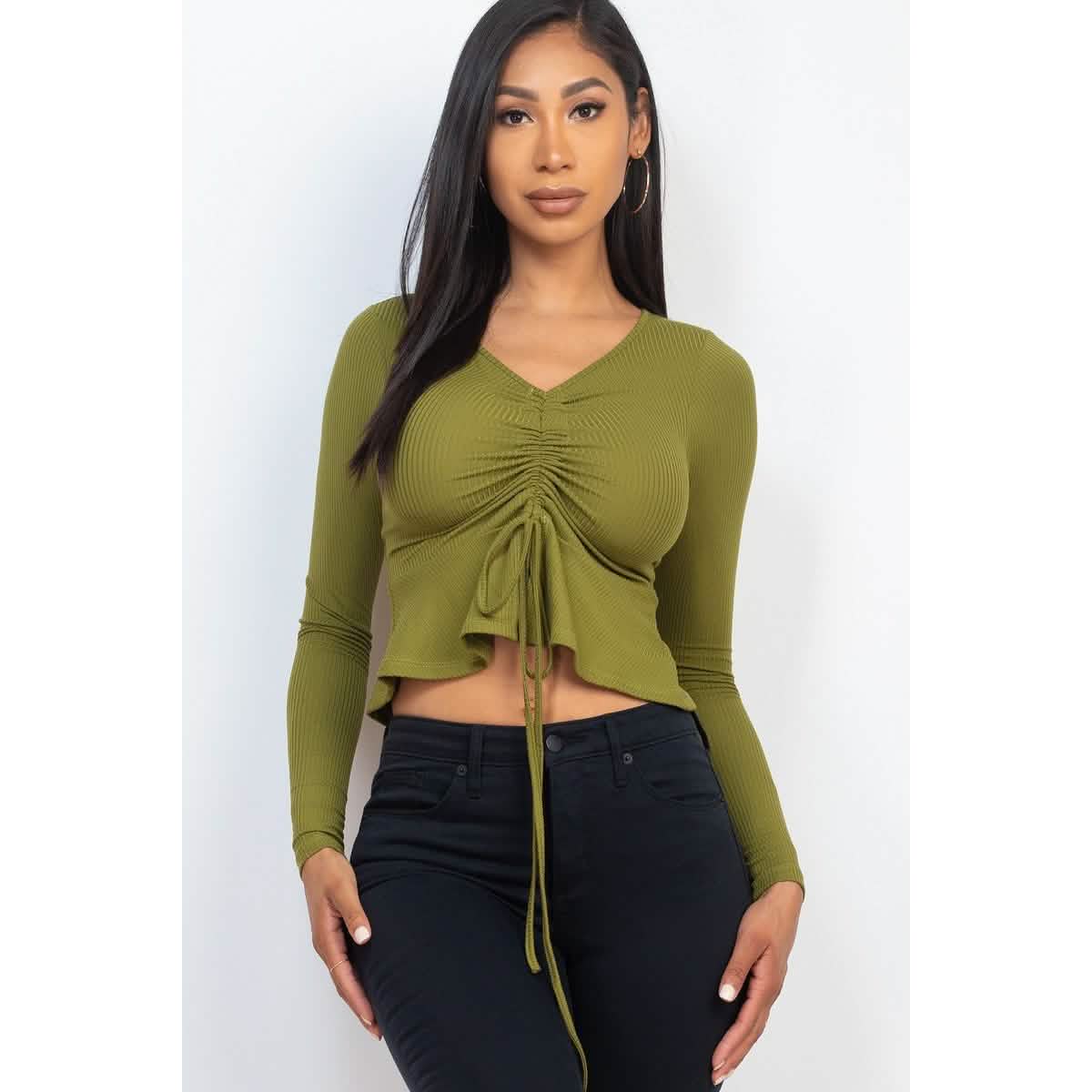 Geripptes Langarm-Peplum-Top mit Kordelzug vorne