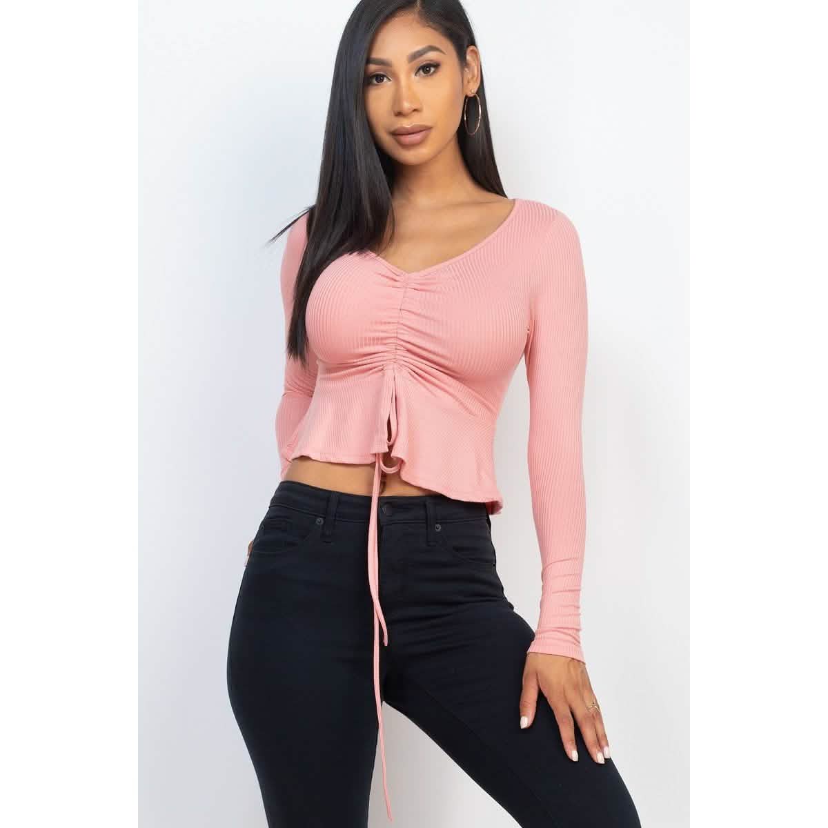 Geripptes Langarm-Peplum-Top mit Kordelzug vorne