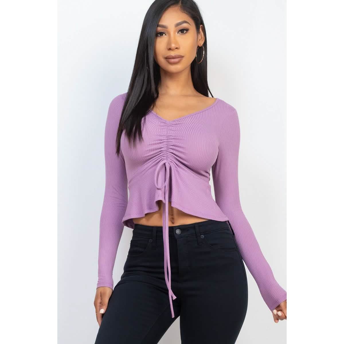 Geripptes Langarm-Peplum-Top mit Kordelzug vorne