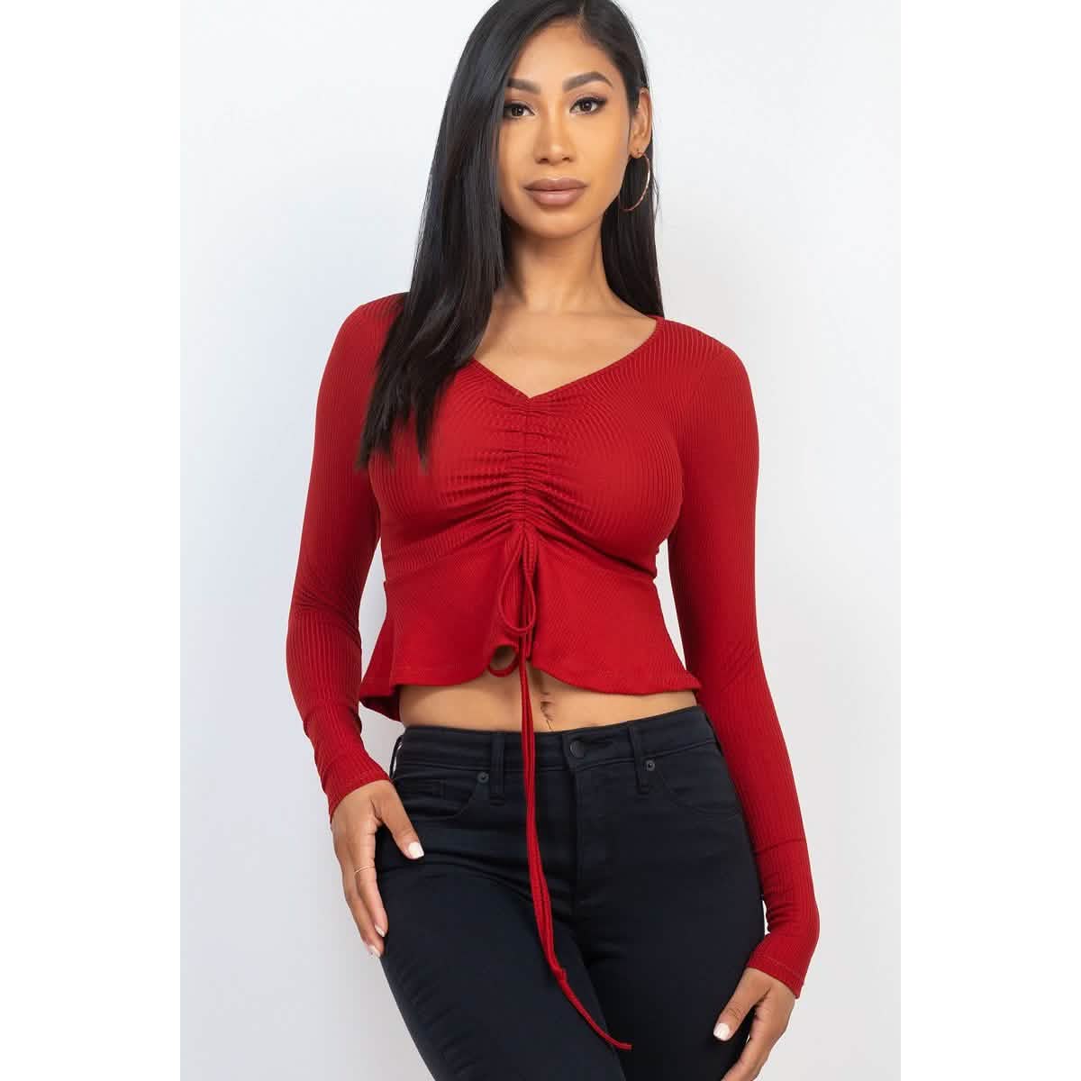 Geripptes Langarm-Peplum-Top mit Kordelzug vorne
