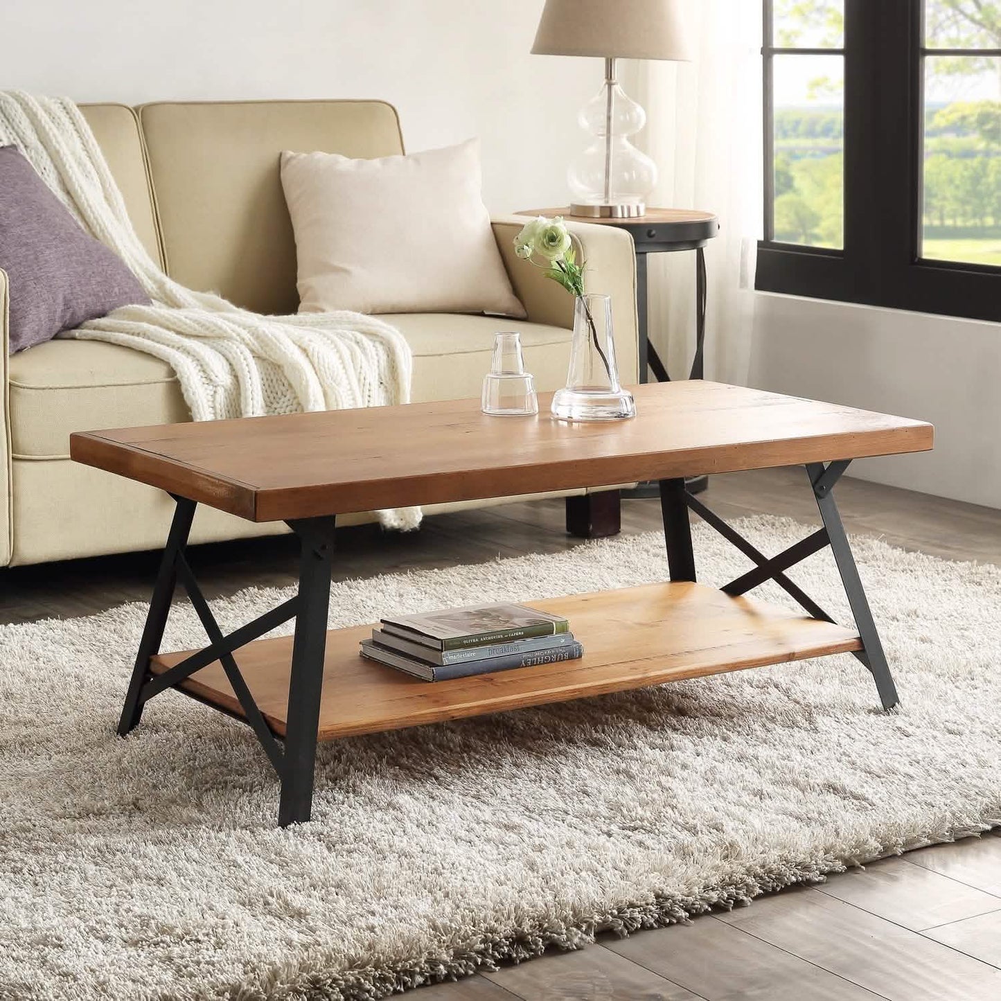 Rustikaler Couchtisch mit Stauraum und Metallbeinen, Braun 109 cm