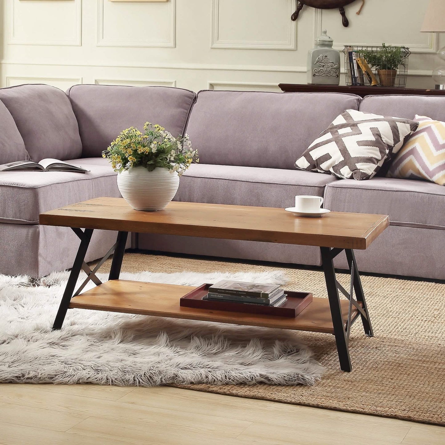 Rustikaler Couchtisch mit Stauraum und Metallbeinen, Braun 109 cm