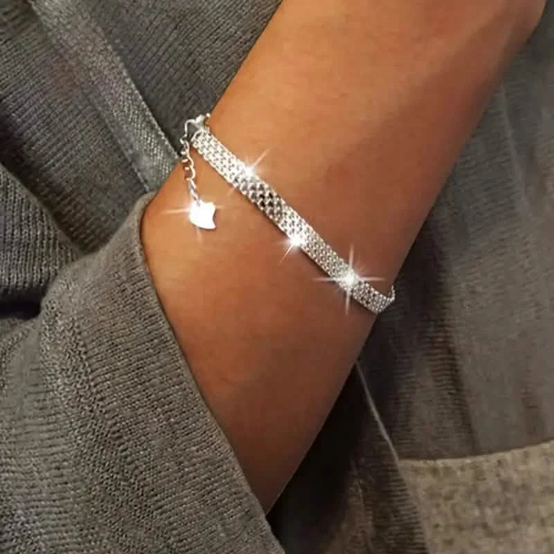 S925 Sterling-Silber Kettenarmband, Funkelndes Netz-Prägemuster Schmuck
