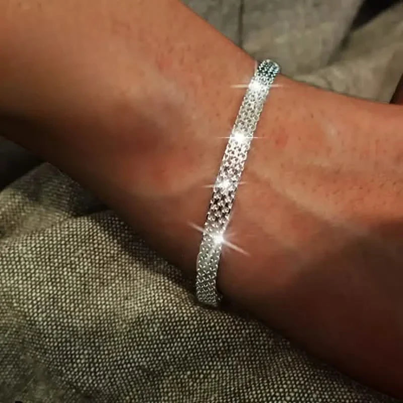 S925 Sterling-Silber Kettenarmband, Funkelndes Netz-Prägemuster Schmuck