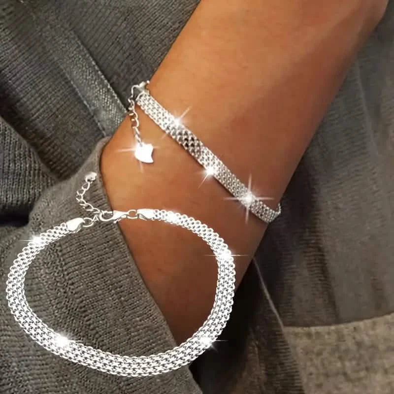 S925 Sterling-Silber Kettenarmband, Funkelndes Netz-Prägemuster Schmuck
