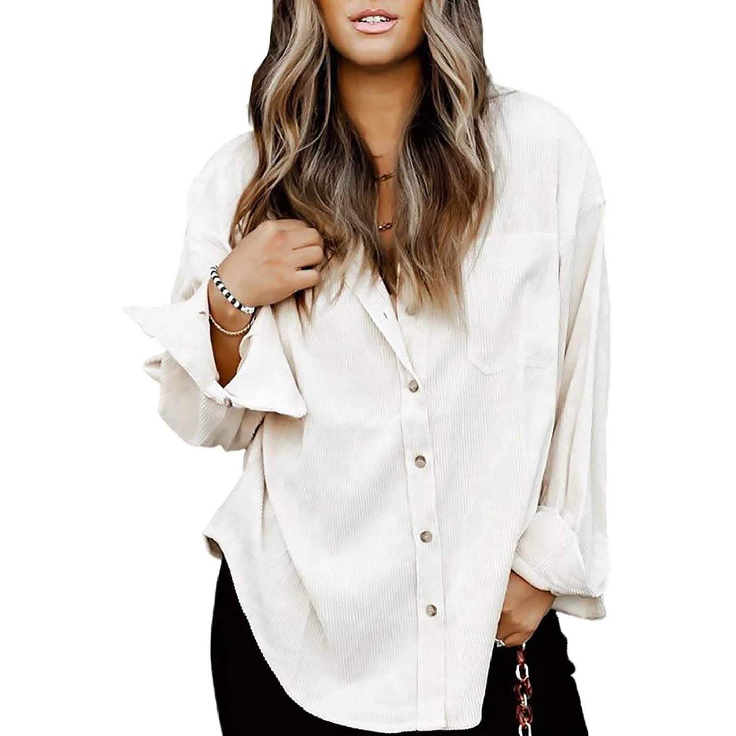 Sidefeel Damen Cord Langarm Button Down Hemd Übergroße Jacke Oberteile