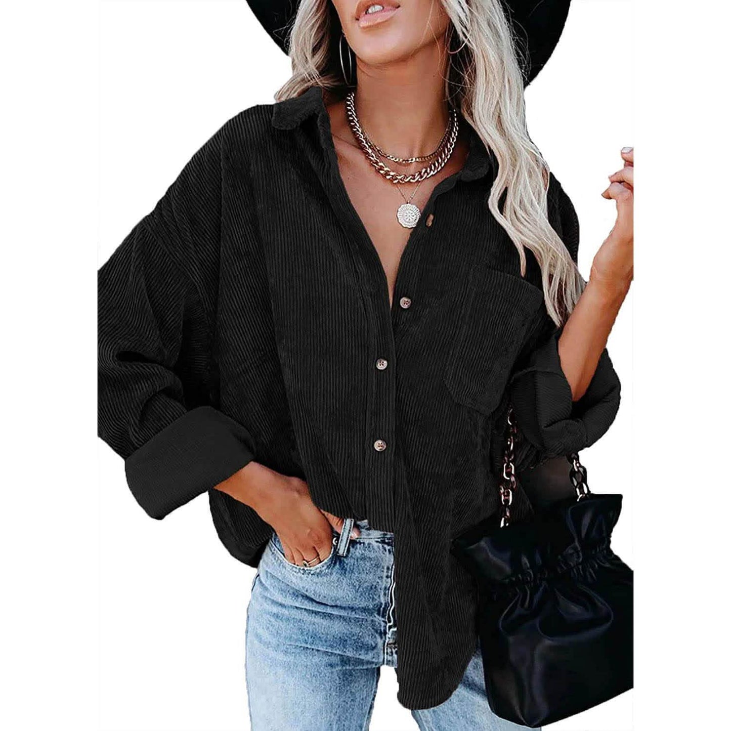 Sidefeel Damen Cord Langarm Button Down Hemd Übergroße Jacke Oberteile
