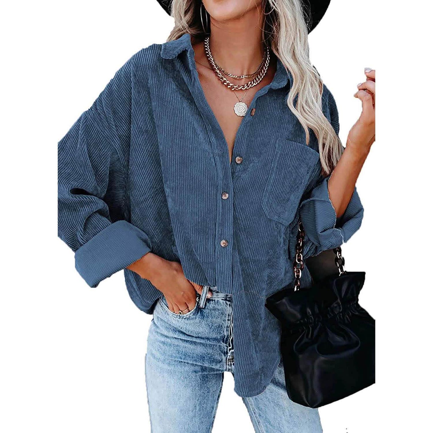 Sidefeel Damen Cord Langarm Button Down Hemd Übergroße Jacke Oberteile
