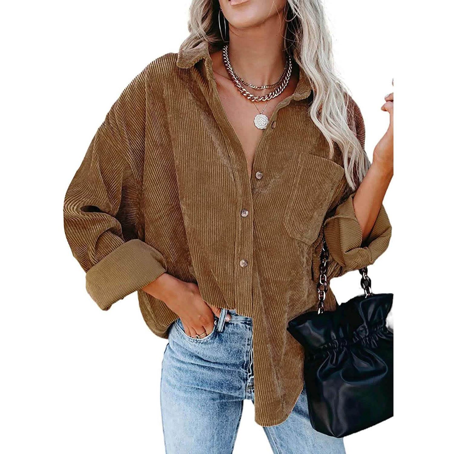 Sidefeel Damen Cord Langarm Button Down Hemd Übergroße Jacke Oberteile