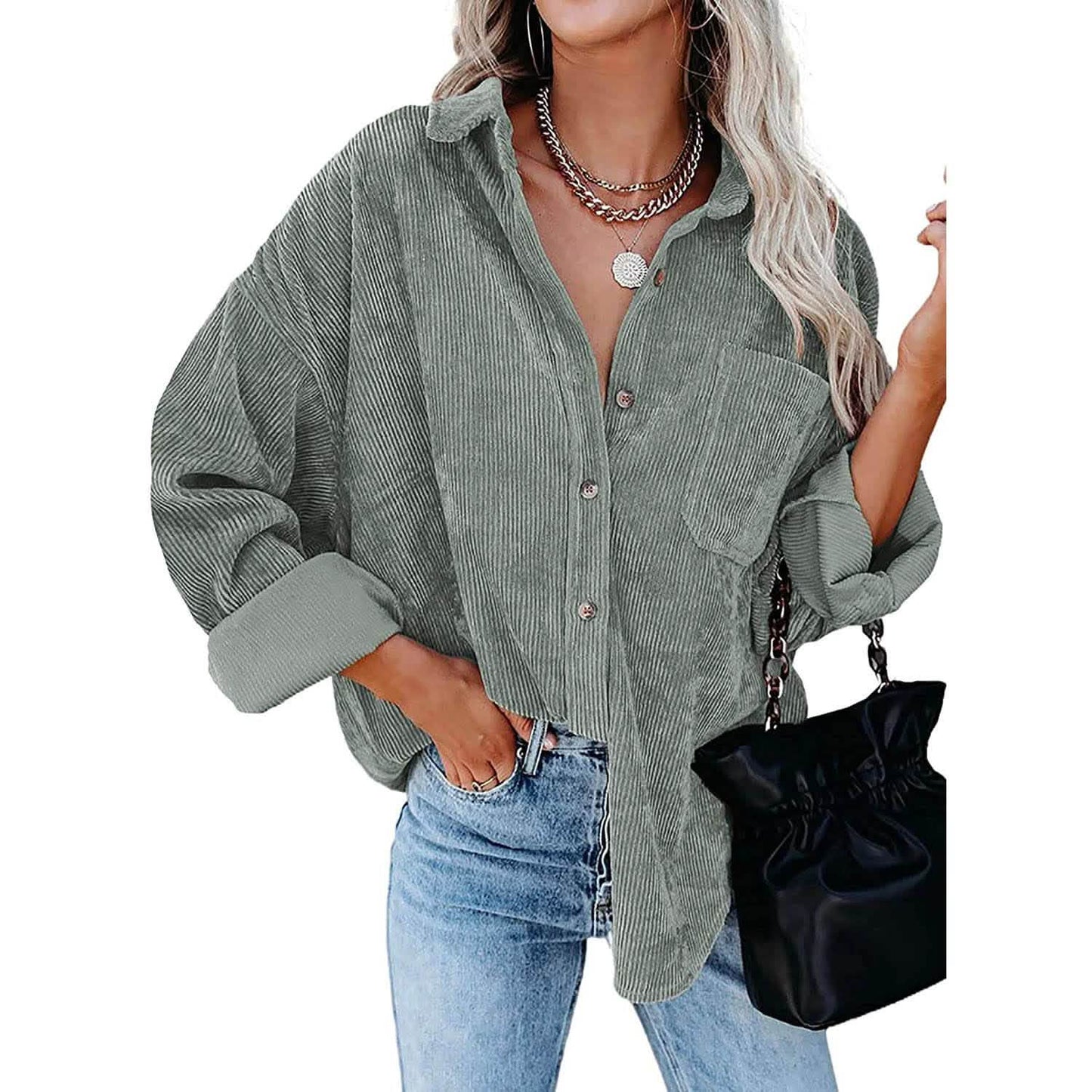 Sidefeel Damen Cord Langarm Button Down Hemd Übergroße Jacke Oberteile