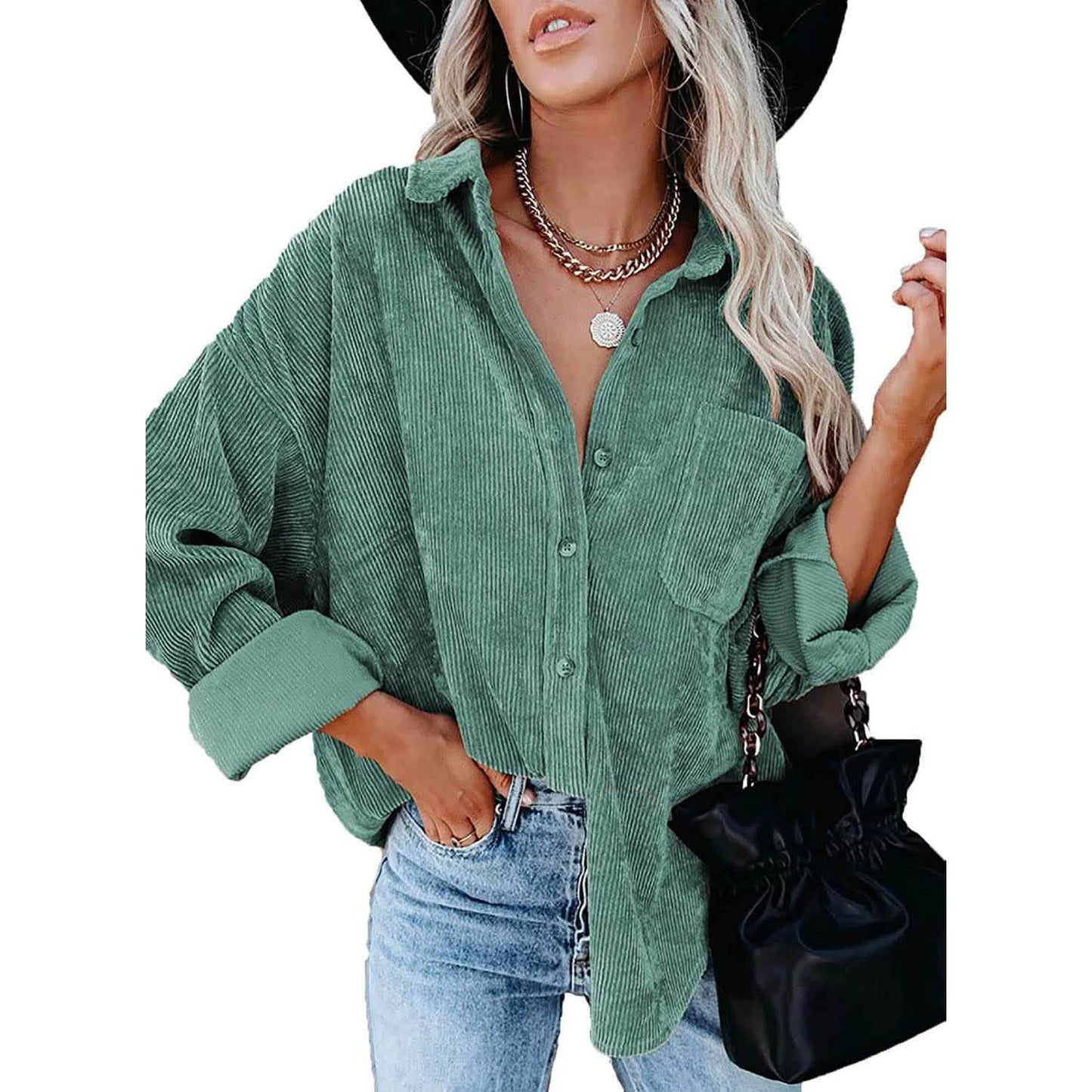 Sidefeel Damen Cord Langarm Button Down Hemd Übergroße Jacke Oberteile