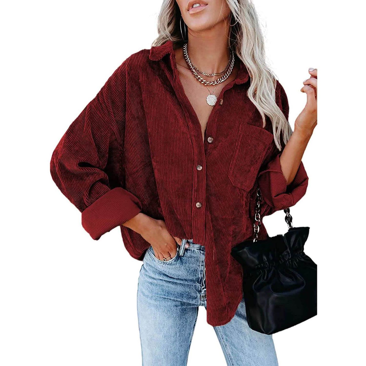 Sidefeel Damen Cord Langarm Button Down Hemd Übergroße Jacke Oberteile