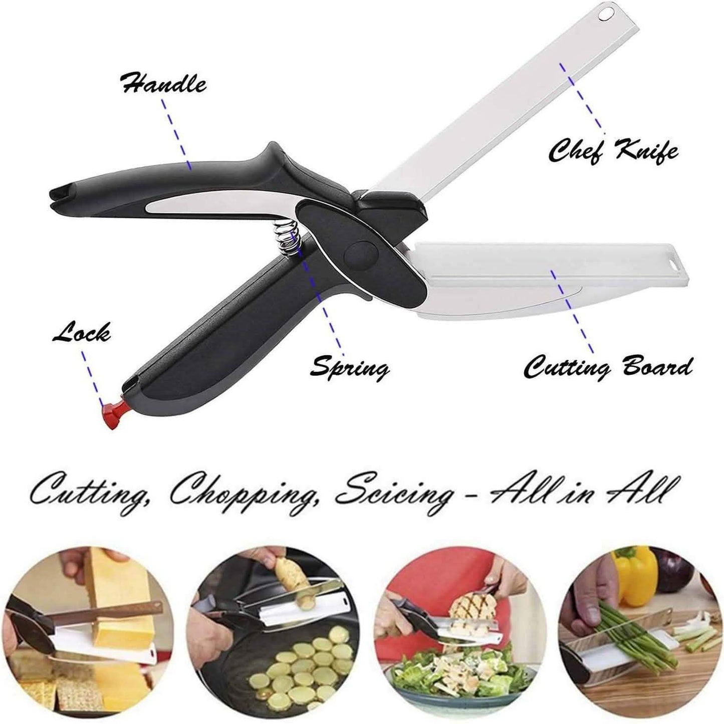 SKEMIX Küchenschere, Lebensmittel-Cutter/Chopper, cleveres Edelstahlmesser mit Schneidebrett