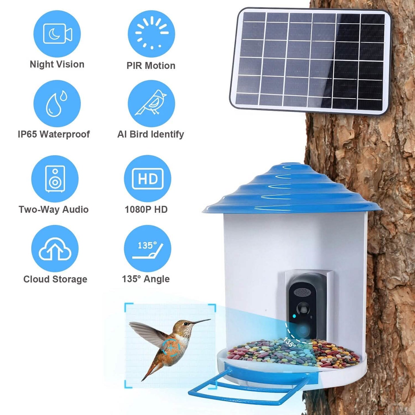 Smarte Vogeltränke mit solarbetriebener 1080P HD Kamera, KI-Identifikation, PIR