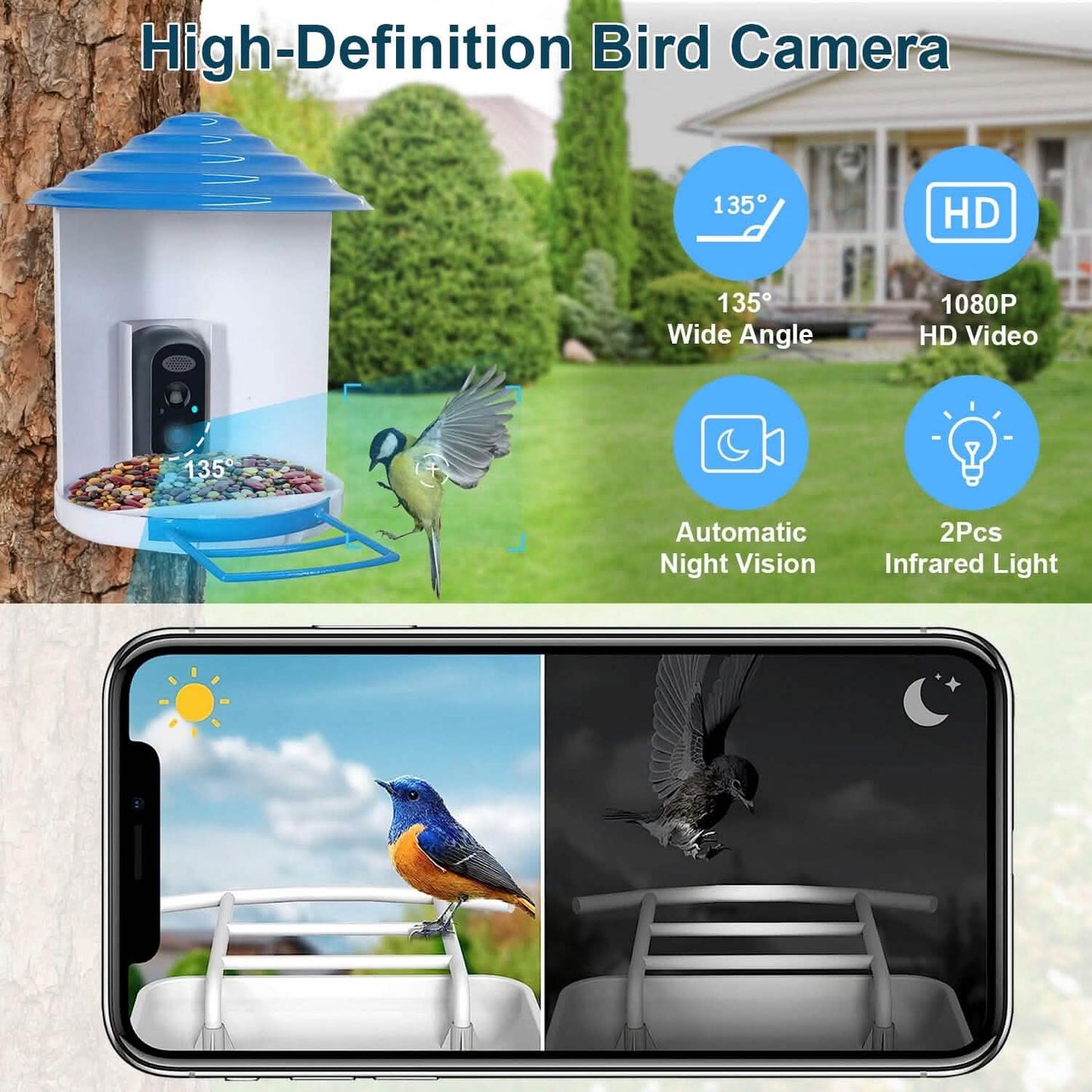 Smarte Vogeltränke mit solarbetriebener 1080P HD Kamera, KI-Identifikation, PIR