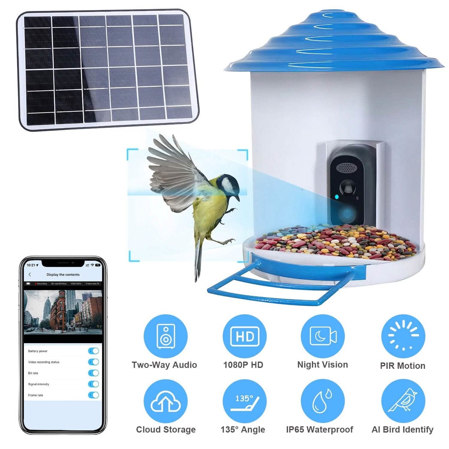 Smarte Vogeltränke mit solarbetriebener 1080P HD Kamera, KI-Identifikation, PIR