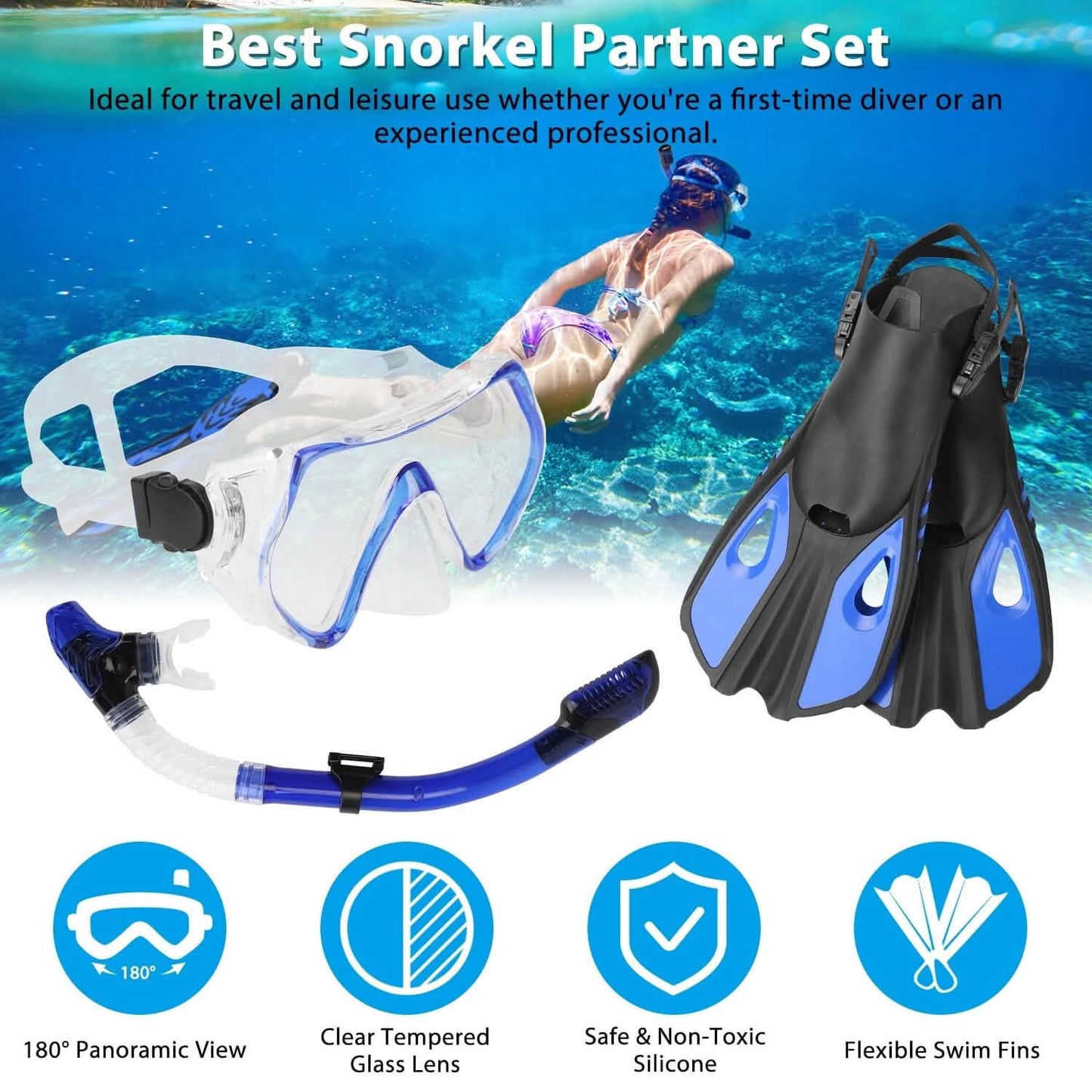 Schnorchelset Maske Flossen mit verstellbaren Schwimmflossen