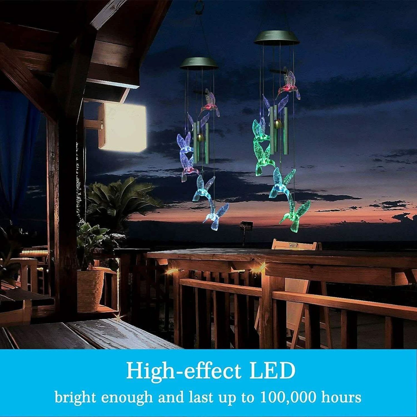 Solar Farbwechsel LED Kolibri Windspiele Leuchtröhren Glocken Lampe Außen