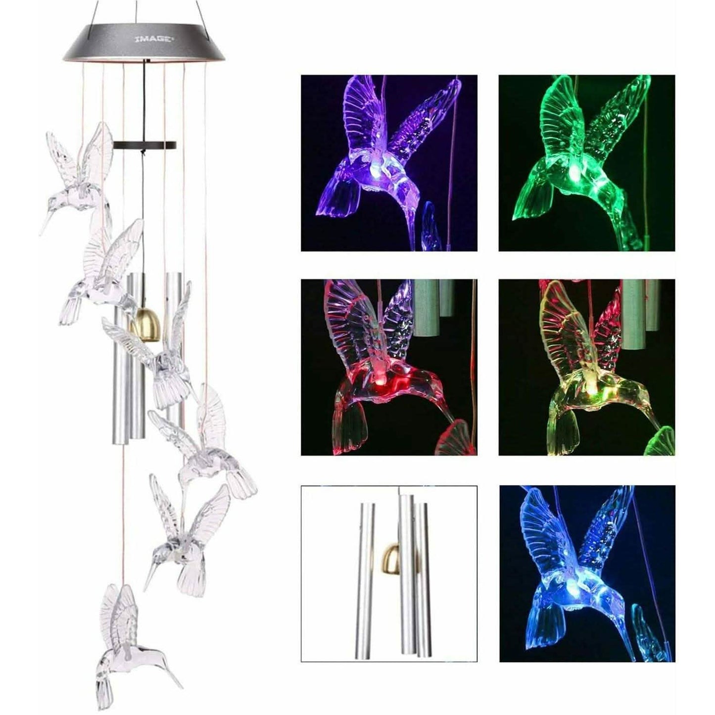 Solar Farbwechsel LED Kolibri Windspiele Leuchtröhren Glocken Lampe Außen