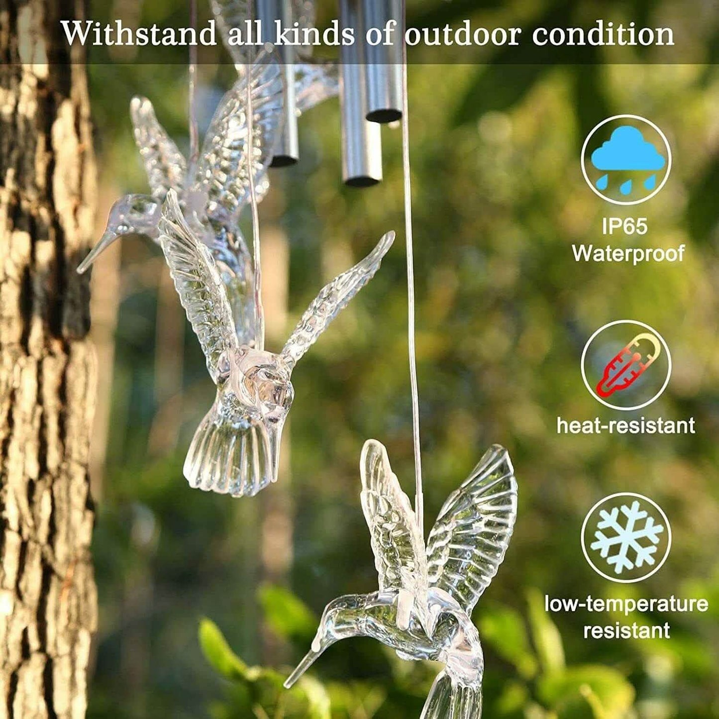 Solar Farbwechsel LED Kolibri Windspiele Leuchtröhren Glocken Lampe Außen