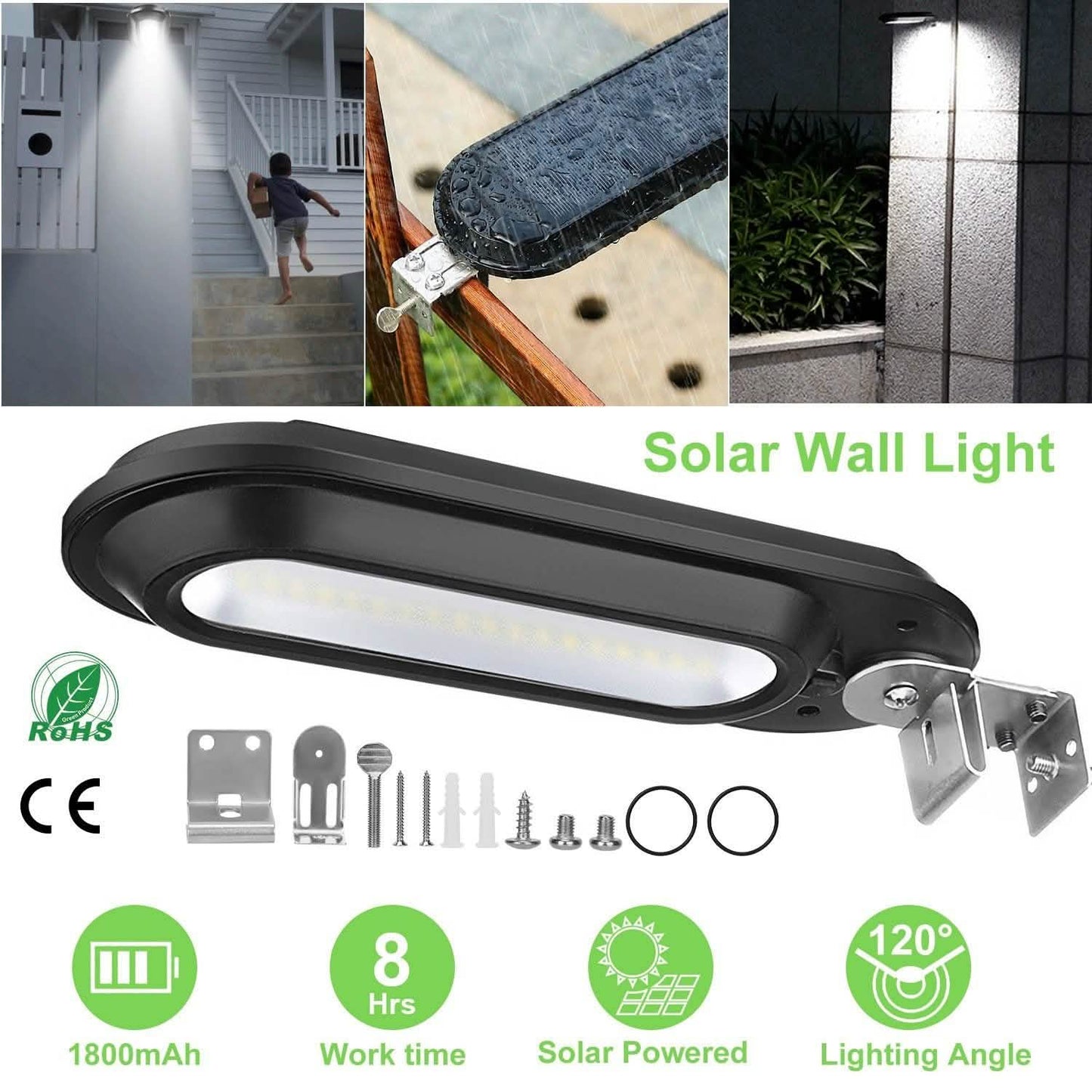 Solar-Wandleuchte für Außenbereich, 18 LEDs, Dämmerungssensor, Zaunlampe
