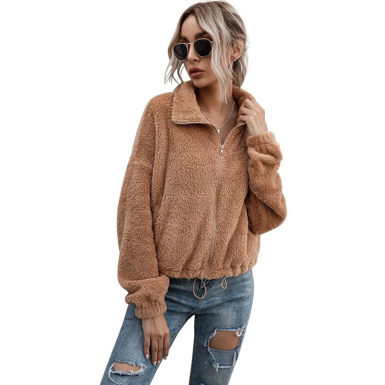 Solide kurze Teddyjacke mit Kordelzugsaum