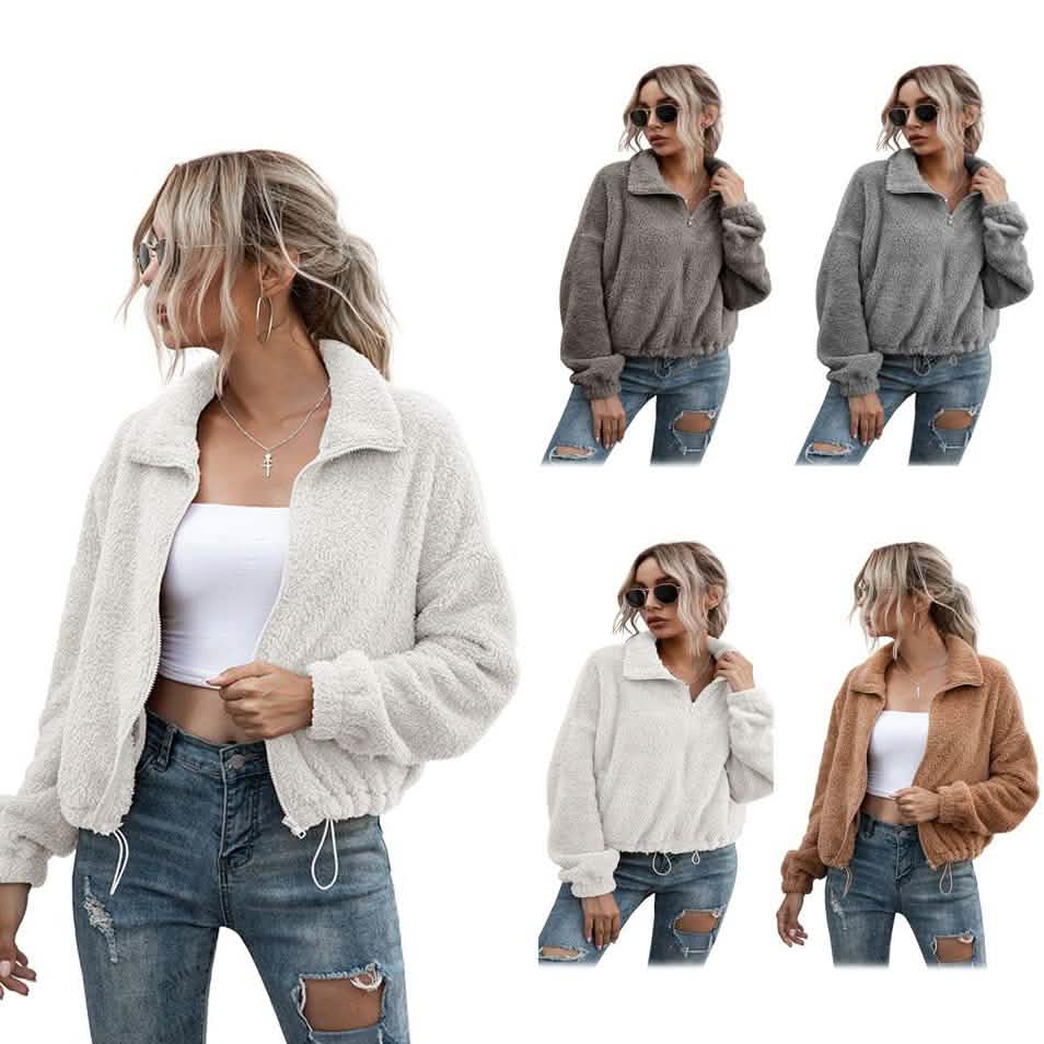 Solide kurze Teddyjacke mit Kordelzugsaum