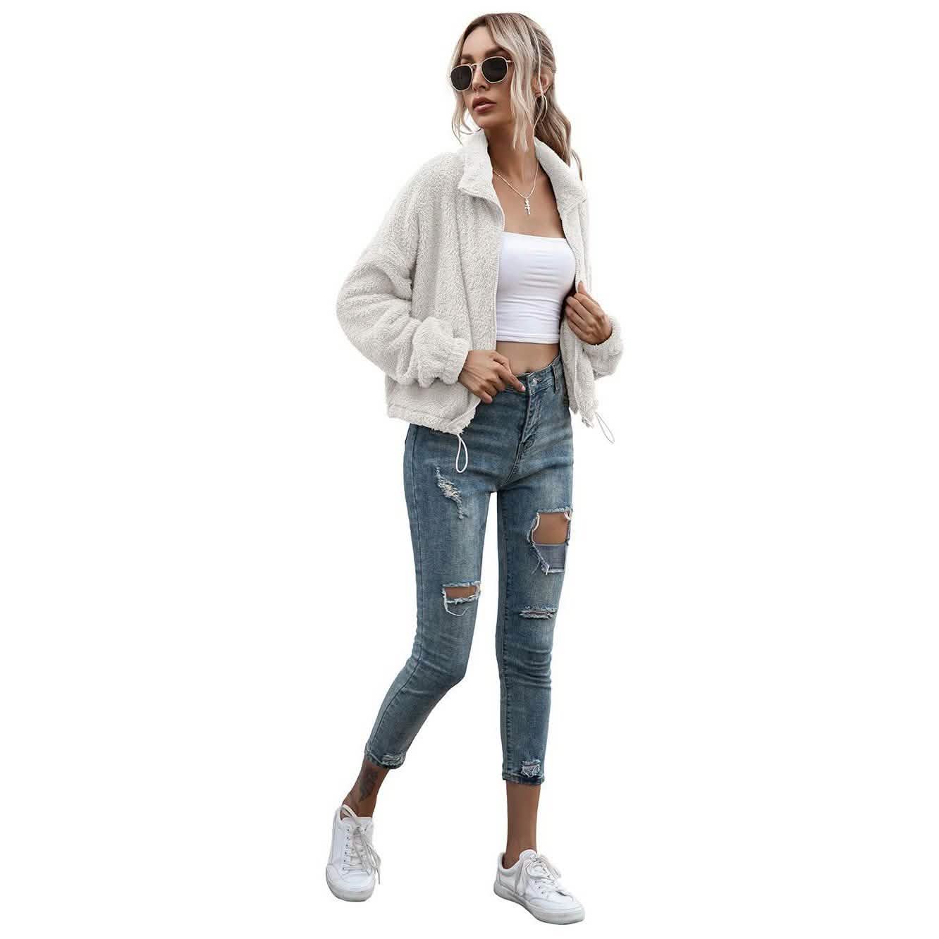 Solide kurze Teddyjacke mit Kordelzugsaum