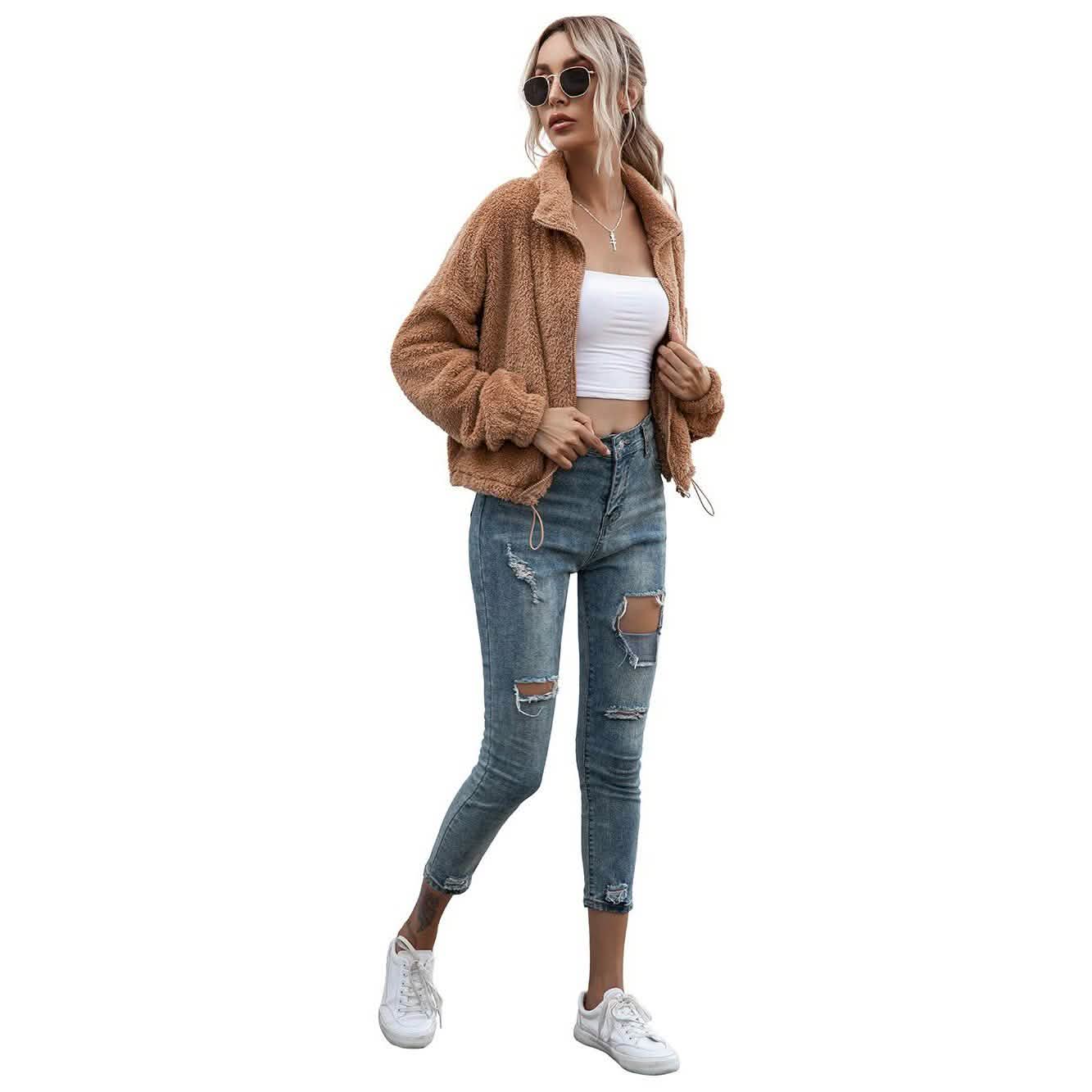 Solide kurze Teddyjacke mit Kordelzugsaum